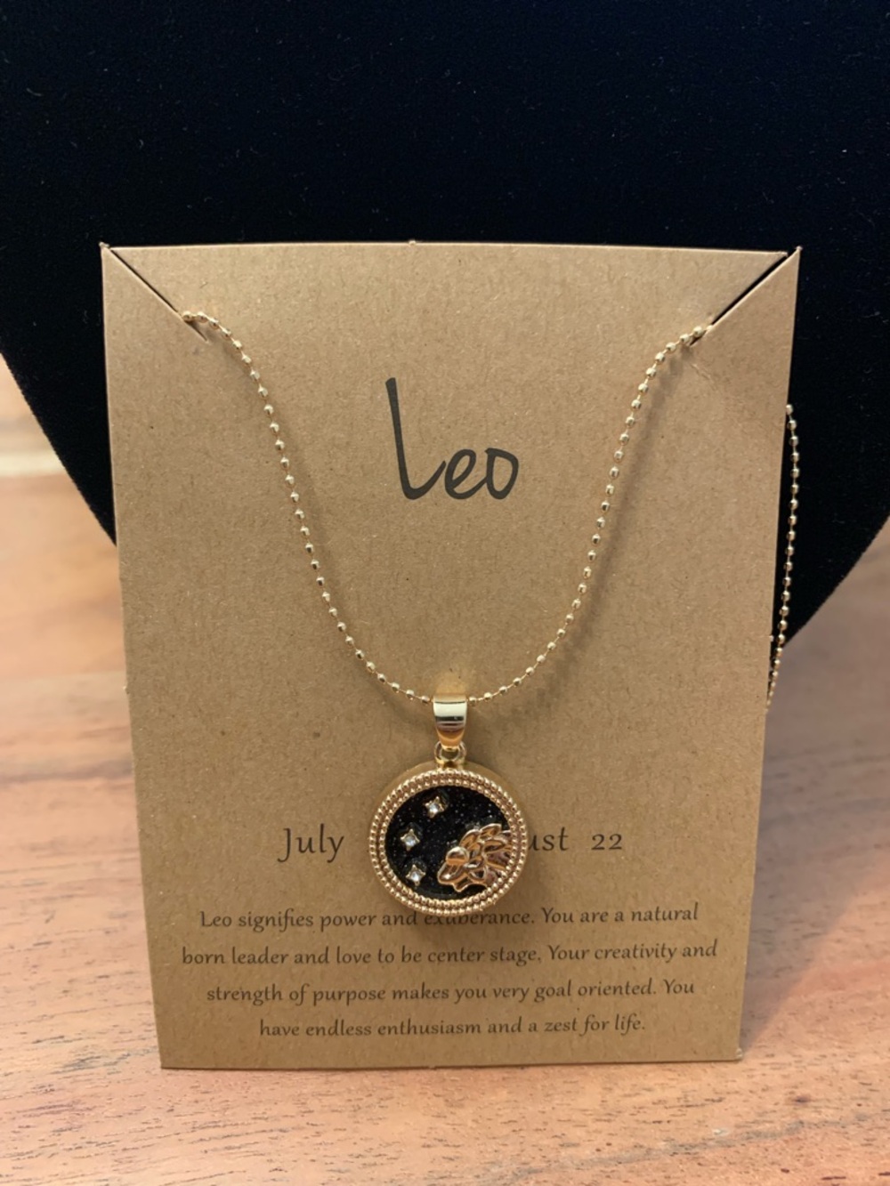 Leo Zodiac Gold Pendant Necklace with Black Glitter Disc